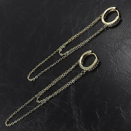 Серьги женские застежка колечки металлические золотистые длинна 7 см двойная цепочка с цирконами 925 S, фото 2