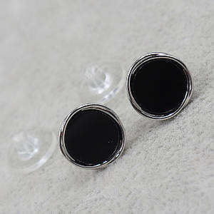 Серьги женские гвоздики пуссеты металлические серебристые круглые с черной вставкой диаметр 13 мм  925 S