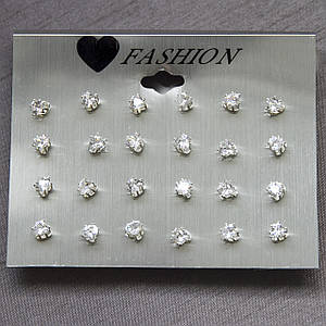 Серьги гвоздики пуссеты серебристого цвета Fashion Jewerly сердечки с хрустальным камушком набор из 12 пар