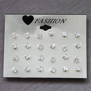Сережки гвоздики пусети сріблястого кольору Fashion Jewerly квадратики камінчики розмір 6х6 мм набір з 12 пар