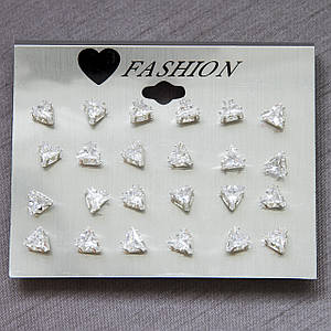 Сережки гвоздики пумери сріблястого кольору Fashion Jewerly трикутники камінчики розмір 7х7 мм набір з 12 пар