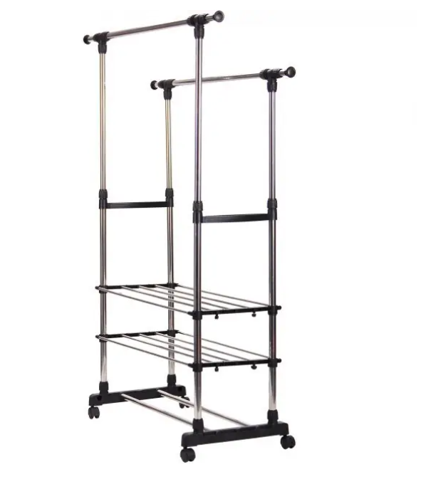 Вішалка-стійка з полками для взуття Triple Poule телескопічна на коліщатках для дому металік, фото 1