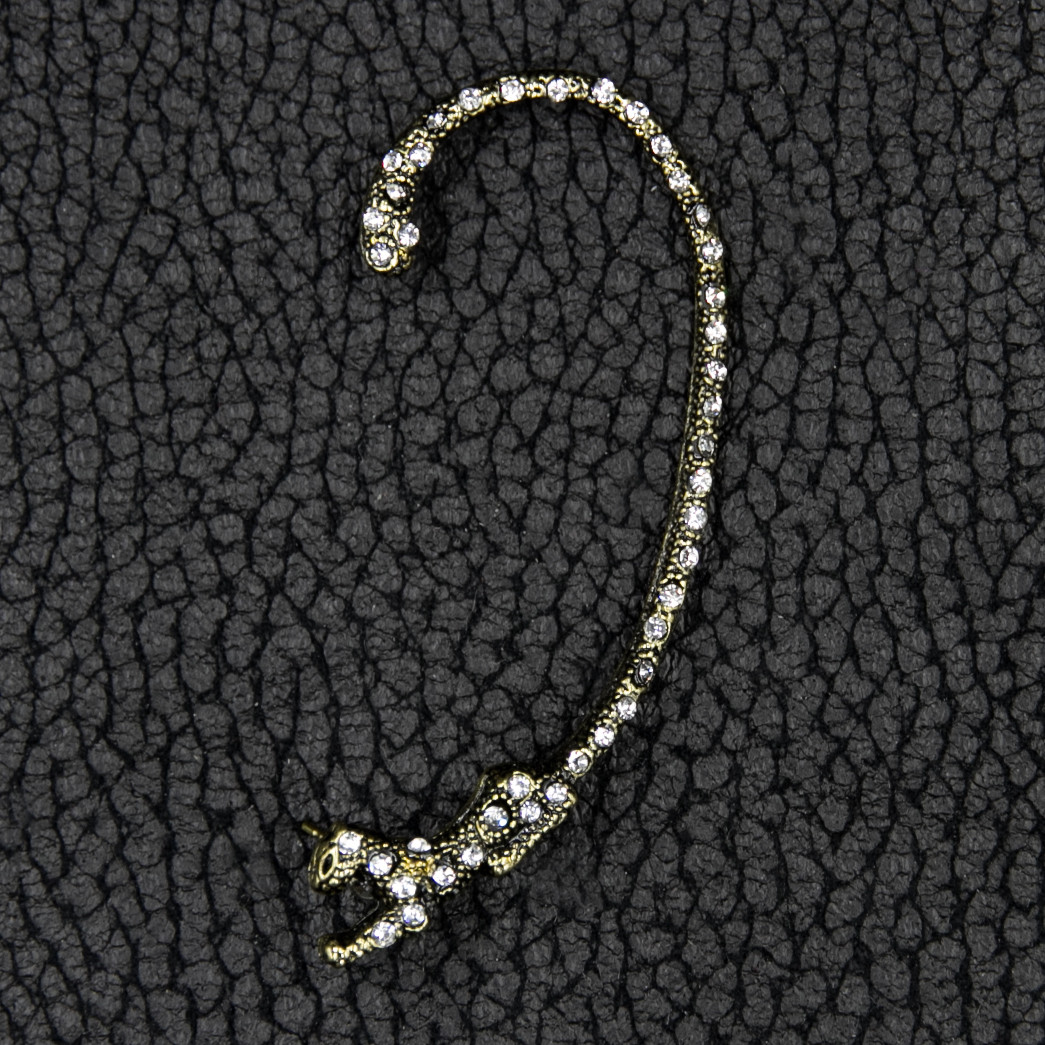 Кафа вінтаж темне золото металева біжутерія змія зі стразами застібка гвоздик розмір сережки 70х25 мм