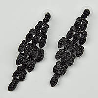 Серьги гвоздики пуссеты металлические черного цвета капельки с черными стразами длина 7,5 см ширина 22 мм