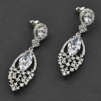 Сережки гвоздики металеві сріблясті з кришталевими камінцями Сваровскі довжина 5 см ширина 13 мм, фото 1