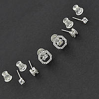Серьги гвоздики пуссеты набор 6 шт на два уха серебристые с кристаллами разного размера метал 925 S Hermes