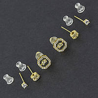 Серьги гвоздики пуссеты набор 6 шт на два уха лимонное золото с кристаллами разного размера метал 925 S Hermes
