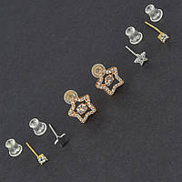 Серьги гвоздики пуссеты набор 6 шт на два уха золото+ серебро с кристаллами разного размера метал 925 S звезды
