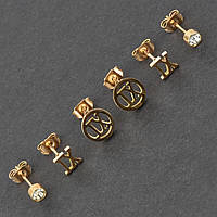 Серьги гвоздики пуссеты набор 6 шт на два уха золотистые с кристаллами разного размера цифры