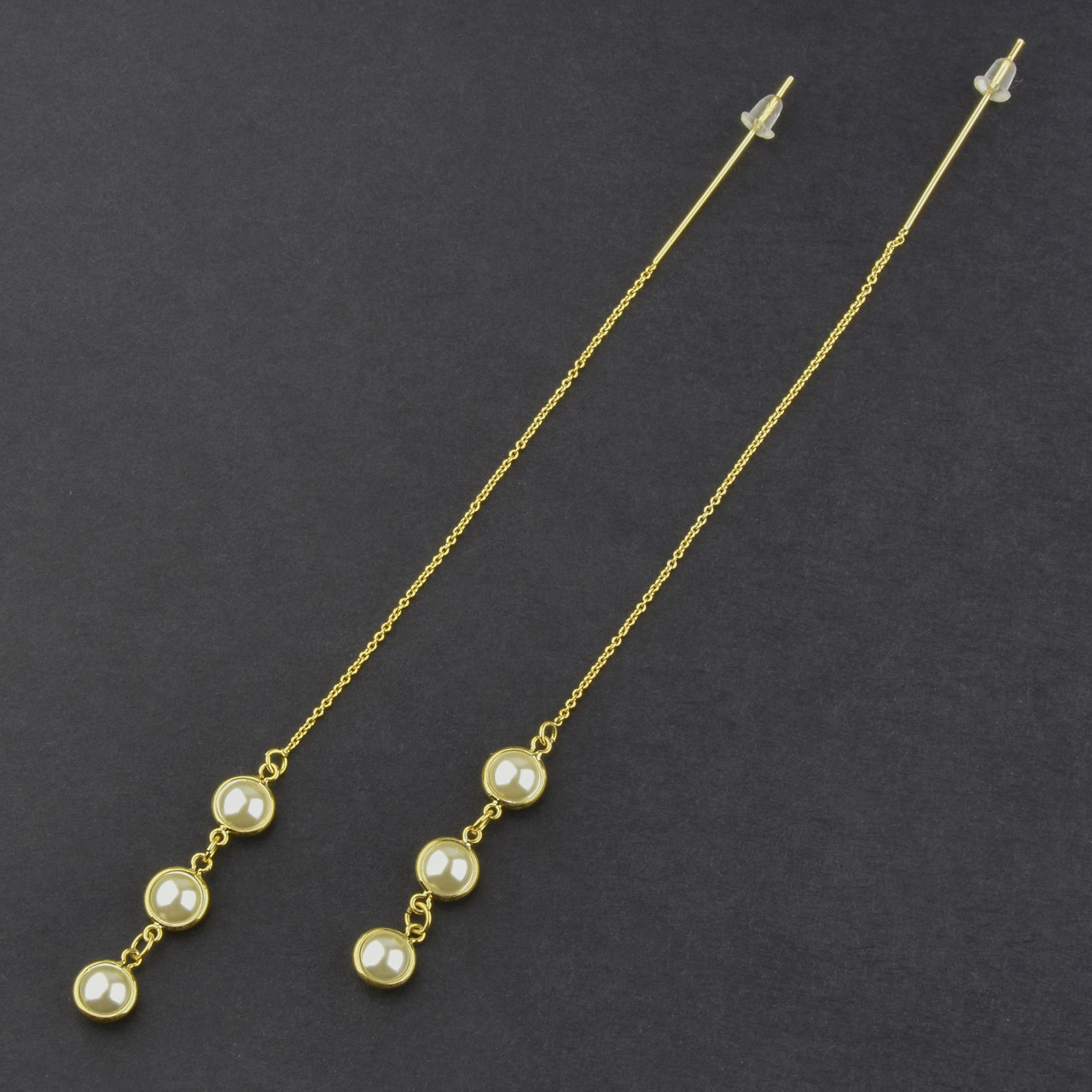 Сережки застібка гвоздик металеві золотисті довгі ланцюжки з кульками намистин завдовжки 14 см 925 S