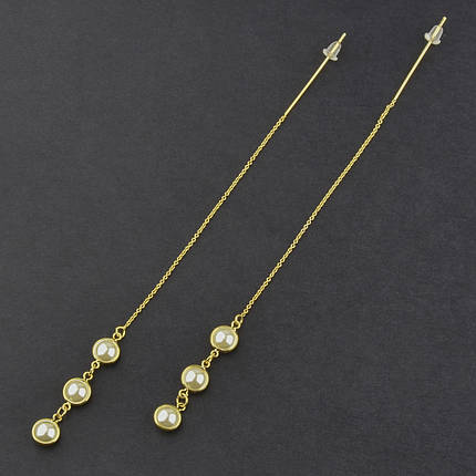 Сережки застібка гвоздик металеві золотисті довгі ланцюжки з кульками намистин завдовжки 14 см 925 S, фото 1