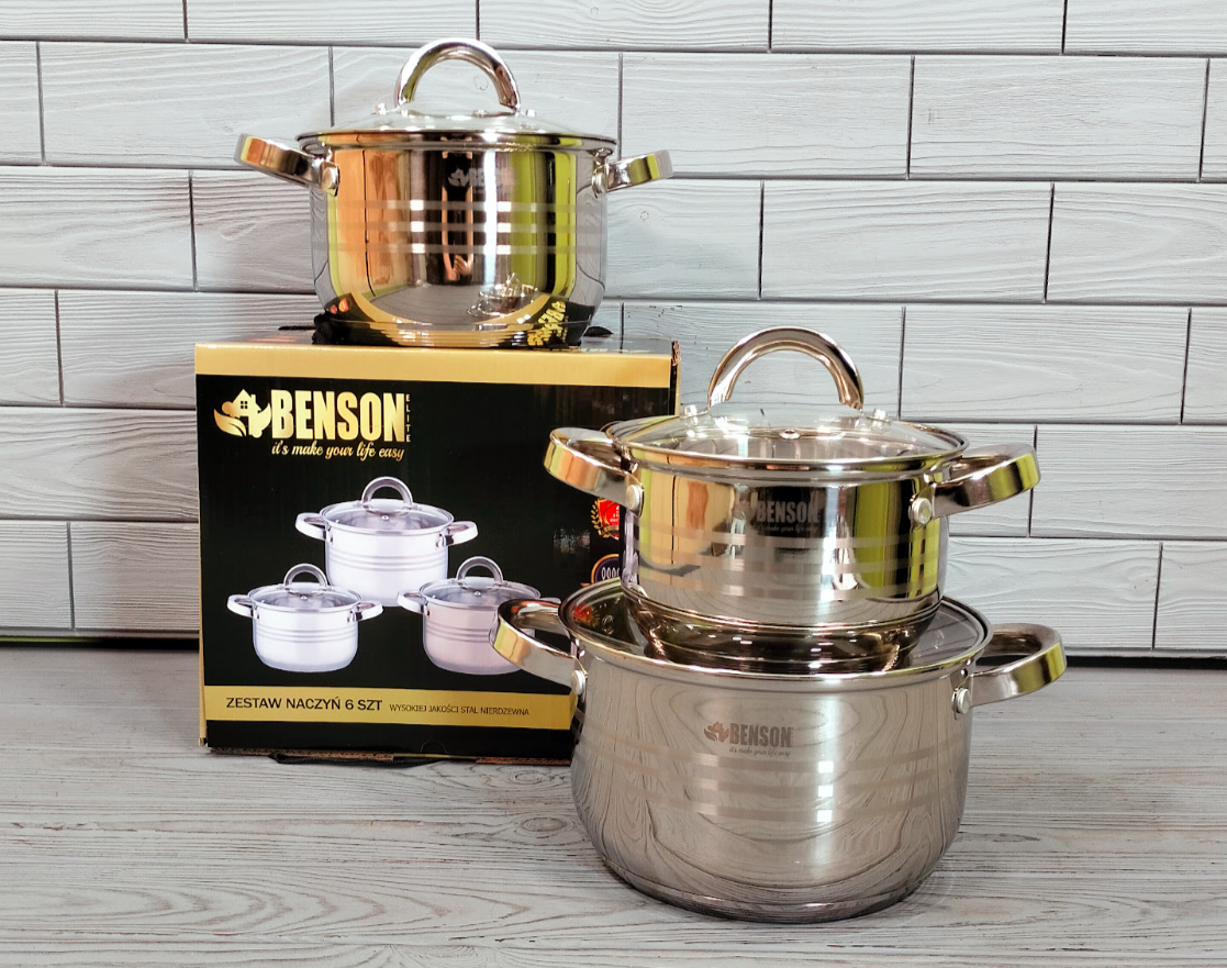 Набір каструль із неіржавкої сталі BENSON BN-199 6 предметів з індукційним дном/Набір кухонного посуду, фото 1