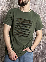 Мужская футболка хаки с порезами олива летняя стильная хлопковая крутая качественная современная
