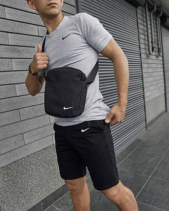 Комплект футболка сіра Nike + Шорты чорні + Барсетка, фото 2