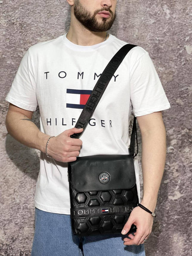 Комплект футболка біла (вел. лого) + месенджер Tommy Hilfiger з шестикутниками, фото 2