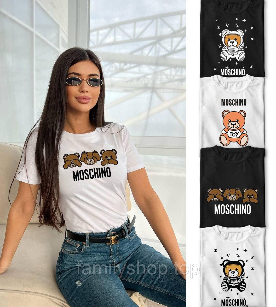 Гарна жіноча футболка Moschino з принтом оригінальна бавовна, біла, чорна, розмір XS, S, M, L, XL, XXL