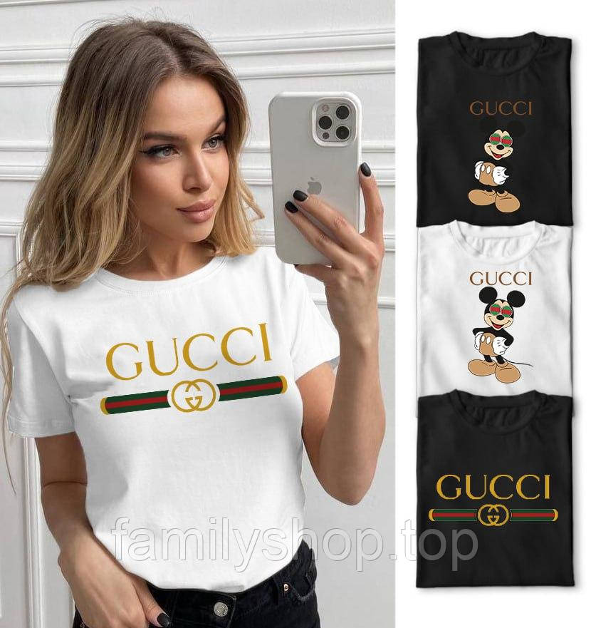 Футболка Gucci жіноча модна з принтом вільна бавовняна, біла, чорна, розмір XS, S, M, L, XL, XXL
