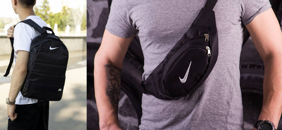Рюкзак Матрац чорний + Бананка Nike чорна з білим лого, фото 2