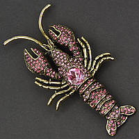 Брошь металлическая на золотистой основе большой рак с розовыми хрустальными камушками размер 95х40 мм