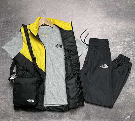 Комплект TNF 'Clip' жилетка жовто-чорна + сіра футболка та штани president + барсетка у подарунок, фото 2