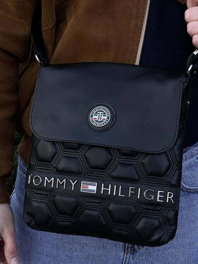 Месенджер шкіряний Tommy Hilfiger чорні шестикутники, фото 2