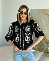 Женский жакет накидка рубашка вышиванка черная с белой вышивкой хлопок размер 42-48 Турция.