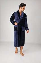 Теплий чоловічий халат натуральний довгий, чоловічий махровий халат з кишенями домашній Синій