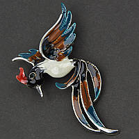 Брошь металлическая на серебристой основе птица с красным стразиком покрыта цветной эмалью размер 65х35 мм