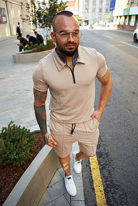 Чоловічий спортивний костюм літній легкий на хлопця комплект Бос бежевий, чоловічі літні модні комплекти, фото 5