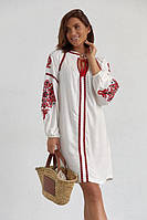 Женское платье вышиванка белое нарядное хлопок с красной вышивкой спереди и на рукавах размер 42-48