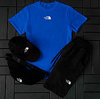 Мужской комплект на лето The North Face, синяя футболка + шорты + кепка и бананка, летний спортивный костюм