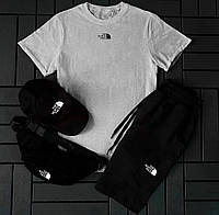 Мужской комплект на лето The North Face, серая футболка + шорты + кепка и бананка, летний спортивный костюм