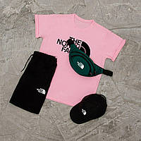 Футболка + Шорты + Кепка + Бананка The North Face костюм мужской Комплект летний Норт Фейс розовый-черный