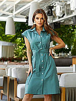 Сукня-сорочка літня з льону з коротким рукавом арт.357 колір зелений/ шавлія