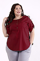 Стильная бордовая блузка летняя свободная льняная офисная большого размера 62