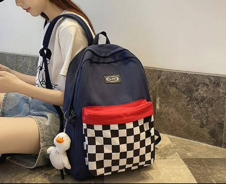 Шкільний тканинний рюкзак з кишенею в шахову клітинку, фото 1