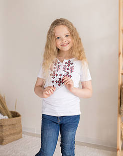 Дитяча вишита футболка для дівчинки біла з червоною вишивкою "Зоряне сяйво", футболка-вишиванка