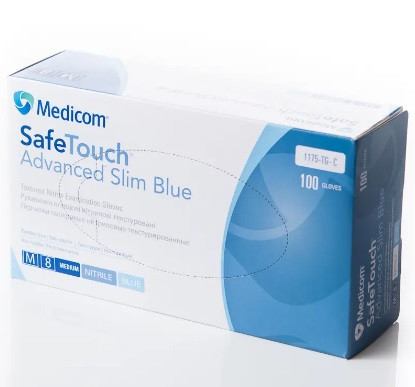 Рукавички нітрилові без пудри Medicom SafeTouch Advanced Slim Blue щільність 3.6г розмір XS(5-6), 100 шт