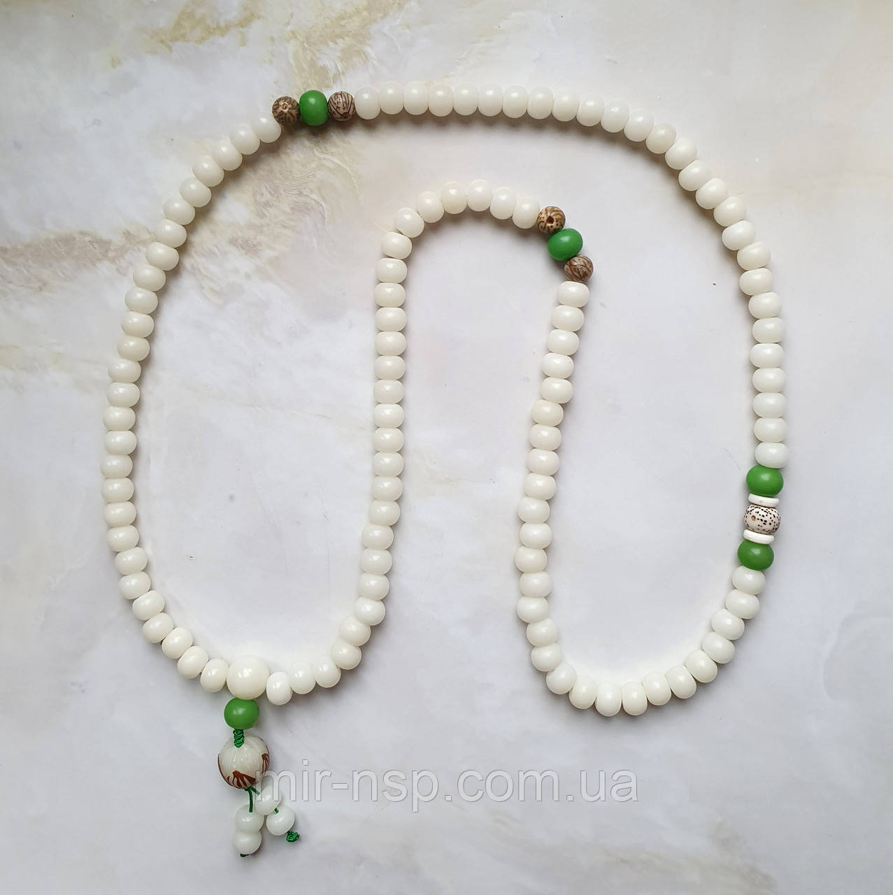 Мала 108 намистин чотки з білого нефриту 9*6 мм з намистиною Лотос, фото 1