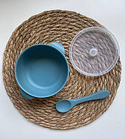 Детская силиконовая посуда для первого прикорма тарелочка с крышкой и ложкой синий