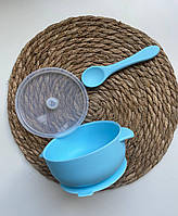 Дитячий силіконовий посуд для першого прикорму тарілочка з кришкою та ложечкою блакитний
