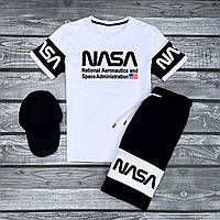 Спортивный костюм мужской Футболка + Шорты + Кепка Nasa (Наса) белый-черный | Комплект на лето ТОП качества