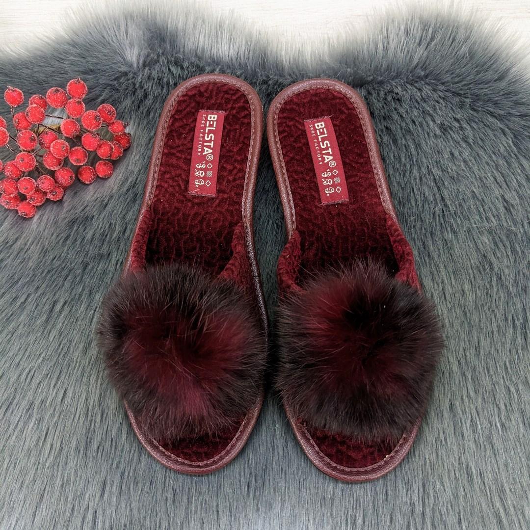 Тапочки жіночі кімнатні Белста бордові з відкритим носком та хутряним помпоном 2367-2