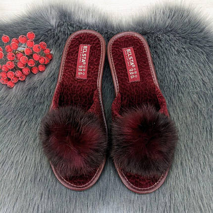 Тапочки жіночі кімнатні Белста бордові з відкритим носком та хутряним помпоном 2367-2, фото 1