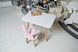 Дитячий білий прямокутний столик і стільчик Вушка зайчики Столик для ігор, занять, їжі. Білий столик, фото 3