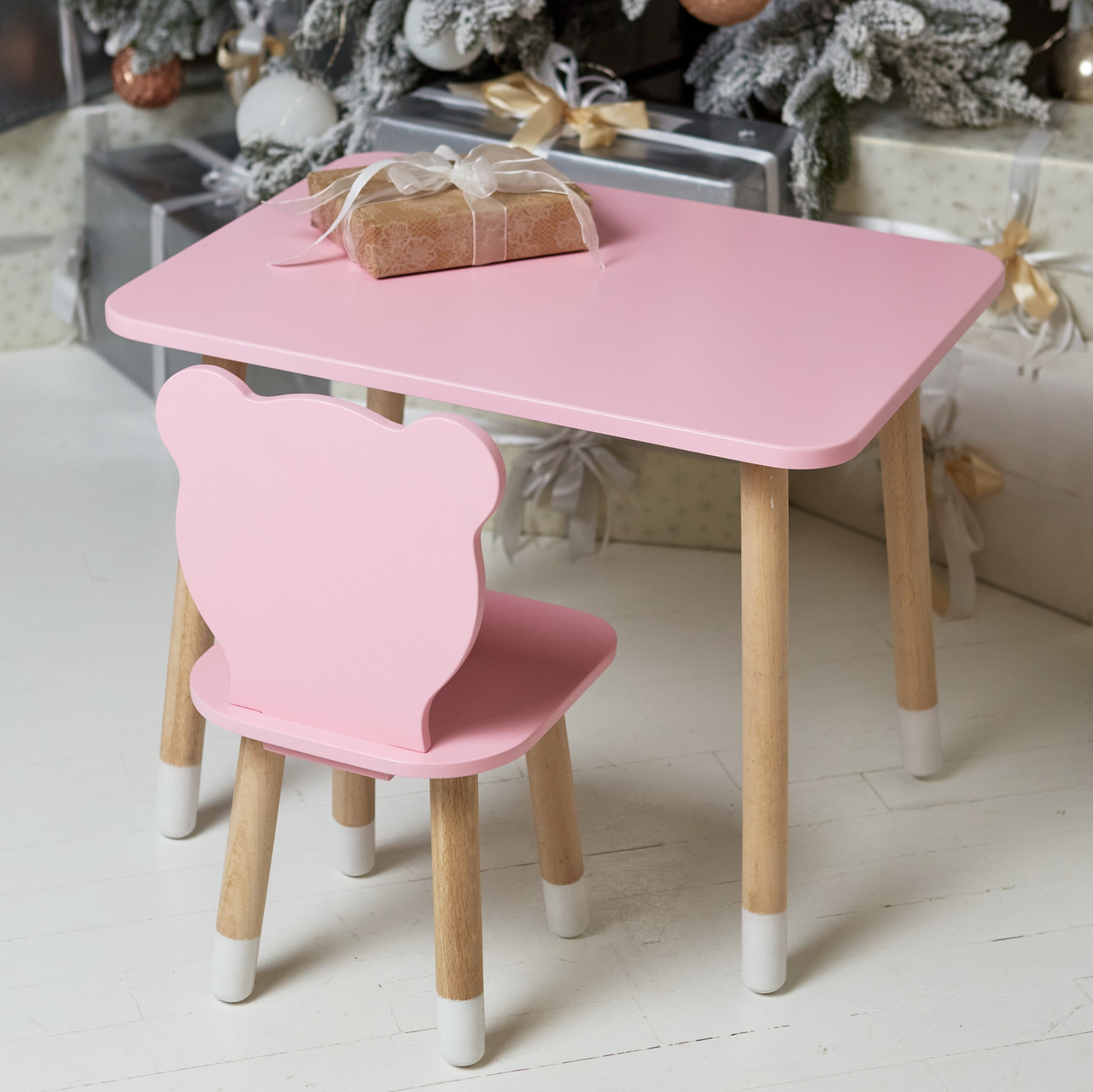 Комплект набір прямокутний столик і стільчик дитячий ведмежатко. Рожевий дитячий столик