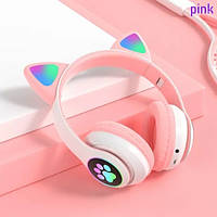 Наушники беспроводные LED с кошачьими ушками и подсветкой ASK-28 розовые Bluetooth 5.0 TF-карта MP3-пл