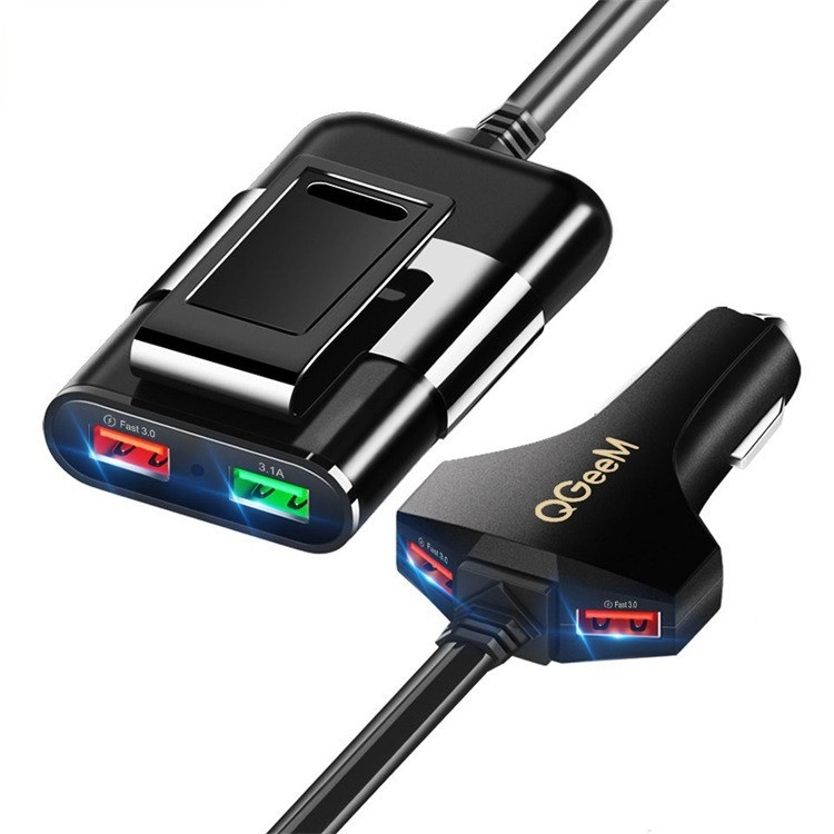 Автомобільний зарядний пристрій QGeeM для телефона на 4 USB-гнізд QC3.0 з виносним модулем. USB хаб