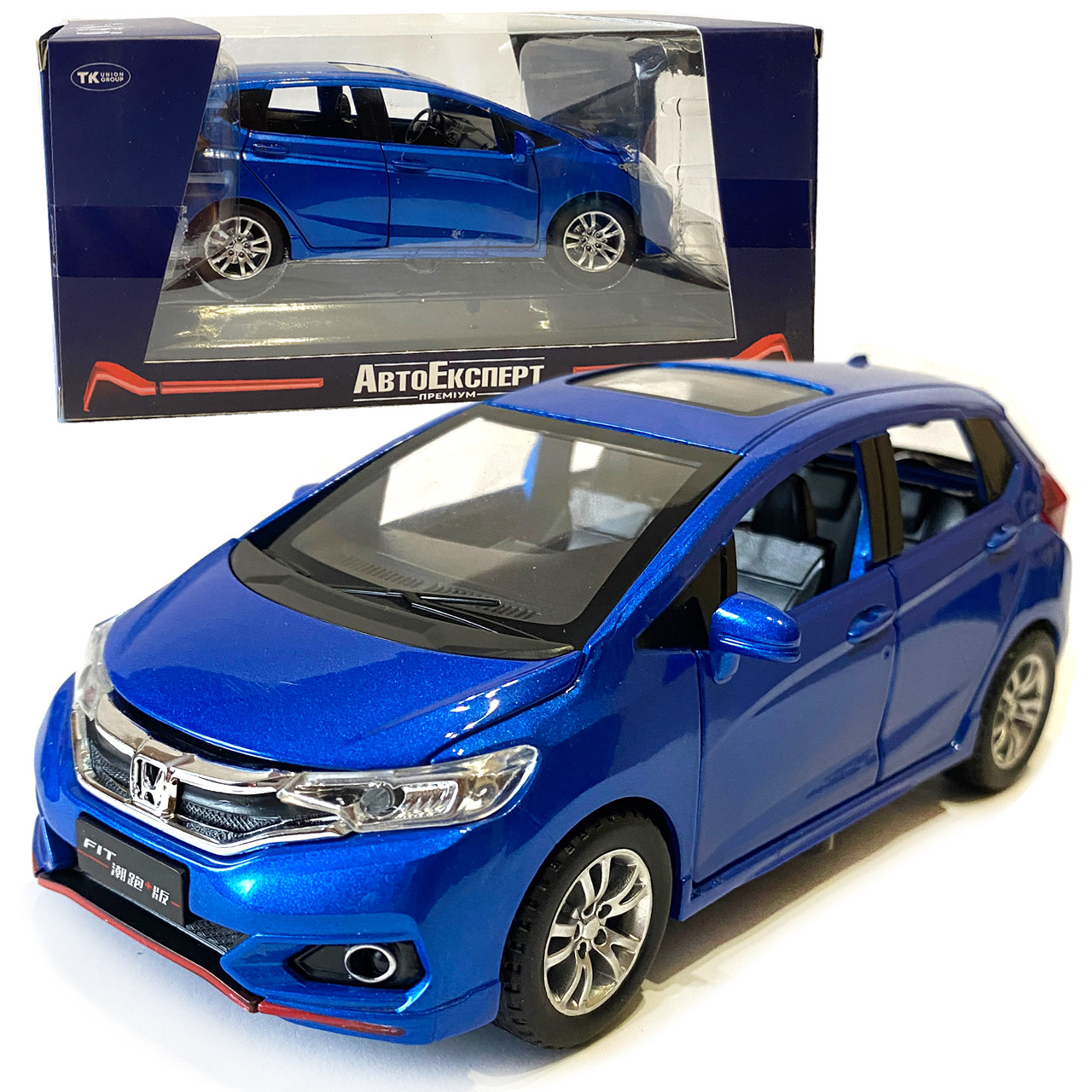 Машинка металева дитяча Honda Fit, синя, металева, 1:32, звук, світло, інерція, відкриваються двері, багажник, капот, 15*5*6см (GT, фото 1