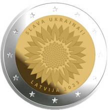 Монета номіналом 2 євро 2023 «Слава Україні» Латвія “SLAVA UKRAINA!!”